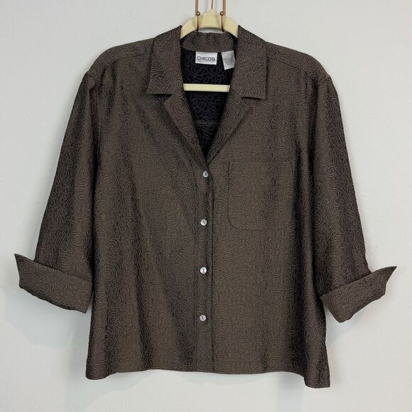 Chico’s Brown Embroidered Shirt 1/S - Picture 1 of 7